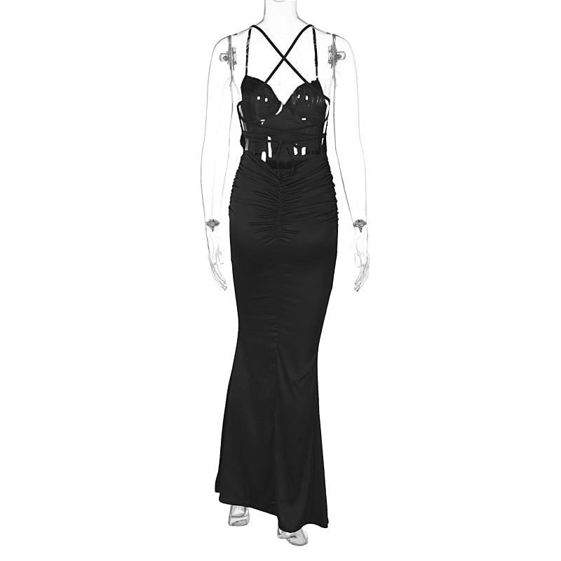 Lace Up Women Solid Satin Maxi Dress