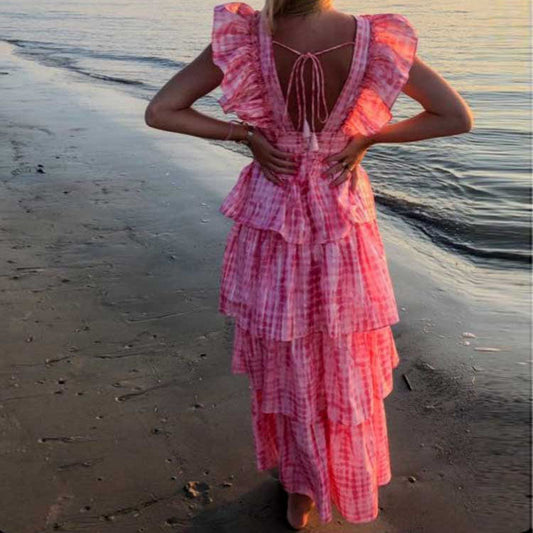 Pink Deep V Neckline Long Dress Tiered Ruffled Summer Dress